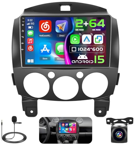 Hikity Android Autoradio mit Navi für Mazda 2 2007 2008 2009 2010 2011 2012 2013 2014, 2+64GB, 9 Zoll Autoradio Bluetooth mit Carplay Android Auto HiFi GPS BT RDS FM SWC Mic Rückfahrkamera
