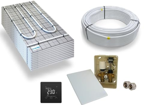 Warmwasser Tackerplatte Fußbodenheizung HoWaTech TAC Komplett Set 5/10m² Dämmplatte 20mm EPS WLG 045 DES und E-Regelbox WLAN Touch schwarz, Heizfläche:5.00m²