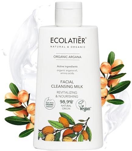 Leche de limpieza facial revitalizante y nutritiva con aceite de argán ecológico ECOLATIER, 250 ml – 98,9% natural, vegano – Limpia y nutre para una piel radiante, con aminoácidos