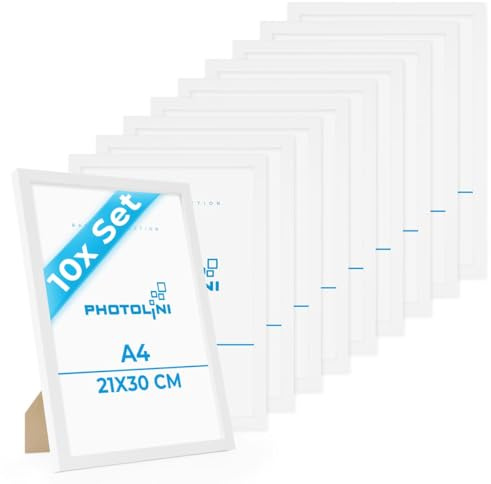PHOTOLINI Bilderrahmen A4 Weiss Holz MDF, 10er Set DIN A4 Bilderrahmen 21x30 weiß, Rahmen 21x30 mit Acrylglas, picture frame zum Aufhängen & Aufstellen, Rahmen 30x21 mit Zubehör für Fotos & Poster