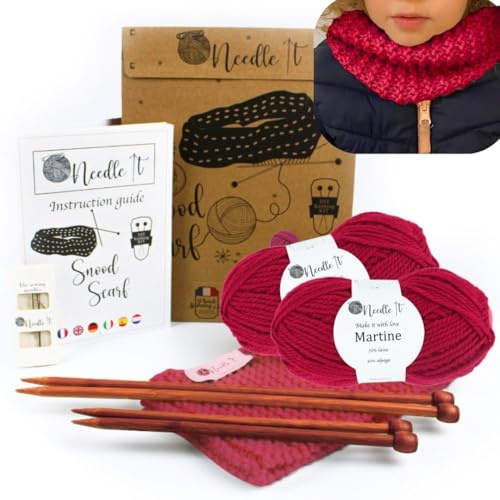 Needle It® Kit da maglia per principianti con ferri da calza - Snood da lavorare a maglia da soli - Per bambini o adulti - Idea regalo - Tempo libero creativo - Rosso