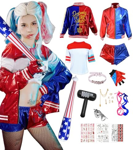ChouGlow Quinn Costume, Cosplay Outfits con Cappotto, T-shirt, Pantaloncini, Guanti, Vestito Cosplay Costumi per Halloween Carnevale (Adulto, M)