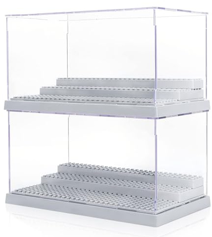 Mlikero 2 Pack Minifigure Display Case for Action Figures Blocks, Clear Dustproof Display Storage Box with 3 Movable Steps Gifts for Children Minifigures Collectors (Grey)