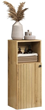 trendteam smart living - PureBliss - Kommode - Eiche - Badschrank in angesagter Rillenoptik - (BxHxT) 40 x 95 x 31 cm - schwarzer Metallgriff - 1 offenes und 2 geschlossene Fächer - kratzfest