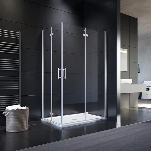 SONNI Paroi de douche pliante 80 x 100 x 195 cm - Avec épaisseur de 4 cm - Carré et bonde - Porte pliante pivotante - Verre de sécurité de 6 mm - Douche pliante à 180°