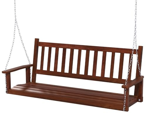 RELAX4LIFE 2/3 Seater Porch Swing Chair, Outdoor Swing Bench Loveseat with Adjustable Galvanized Metal Chains, Solid Wood Garden Patio Hanging Swing Seat for Balcony Yard Tree (Brown, 168 x 65 x 63cm)