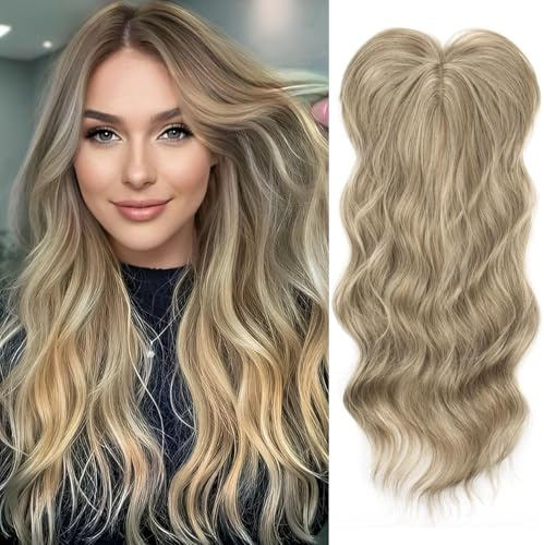 PORSMEER haarteile für dünnes haar topper, 45cm Lang Gewelltes Haarteile Synthetische Perücken-Topper für Frauen Highlight Clip In Wiglet mit Pony Haarvolumen hinzufügen(Aschbraun)