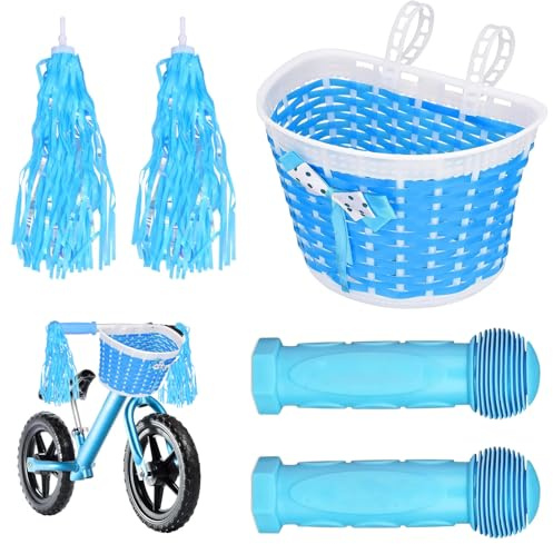 VireEyU Set di Accessori per Bicicletta Bambini: Manopole Blu e Nappine Colorate con Cestino Blu, Presa Sicura per Manubri di 22mm, Ideale per Monopattini e Tricicli, Inclusi Streamers Luccicanti