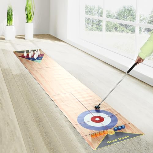 3 in 1 Shuffleboard Bowling Tischspiele 360x57cm, Tragbares Shuffleboard Tischkegelspiel Curling Spiel mit 6 Bowling und 2 Puttern für Kinder Familie Party