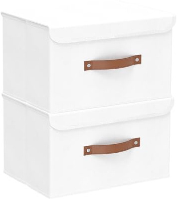 Yawinhe 2 Pezzi Scatole con Coperchio, Cestello Porta Abiti Pieghevole con Manico, Tessuto Cubi Portaoggetti, Contenitore a Scomparti, per Armadio, Vestiti, Libri, 33x23x20cm, Bianco, SNK018WLS-2