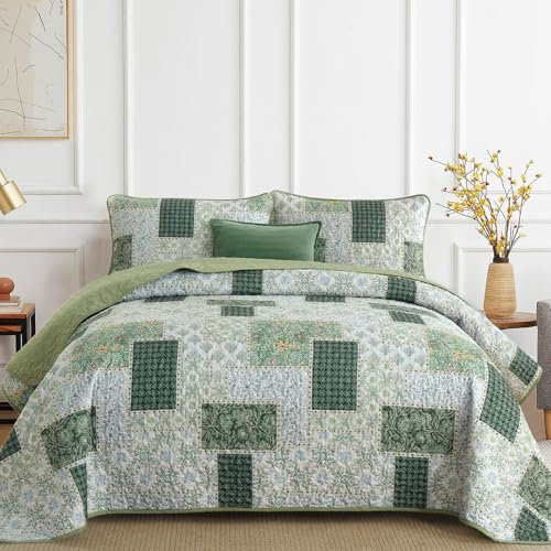 Xruibed Patchwork-Steppdecken-Set für King-Size-Betten, 3-teilig, kariert, florales Muster, wendbares Bettwäsche-Set, weiche Mikrofaser, King-Size-Bett für alle Jahreszeiten, Kingsize, 277 x 228 cm