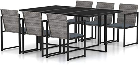 Gecheer 7-TLG. Garten Essgruppe 6 Personen Polyrattan Sitzgruppe mit Kissen Gartenmöbel Set Balkonmöbel Set Terrassenmöbel Loungemöbel Garnitur Sitzgarnitur Gartentisch mit Stühlen Grau