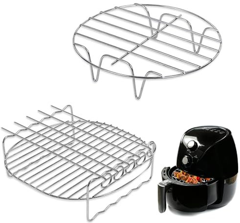 Riisoyu 2 Stück Heißluftfritteuse Zubehör, Air Friteuse Grill Heißluftfritteuse Grillrost mit 4 Spießen Edelstahl Airfryer Grillpfanne 17,7cm Grillrost aus Edelstahl 304 Fit 3,5-5,8QT
