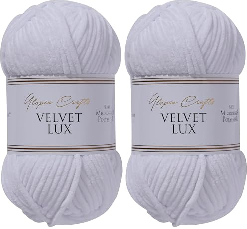 Utopia Crafts Velvet Lux Chenille Pelote de laine épaisse super douce pour tricot et crochet, 100 g à 110 m (Blanc) (Lot de 2)