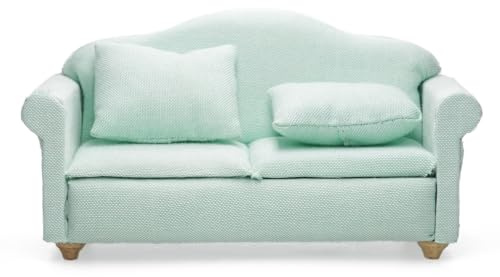 Odoria Puppenhaus Sofa Couch Miniatur: 1/12 Maßstab Liebesbank für Wohnzimmer Schlafzimmer Modern - Mini Möbel Mit Kissen Grün