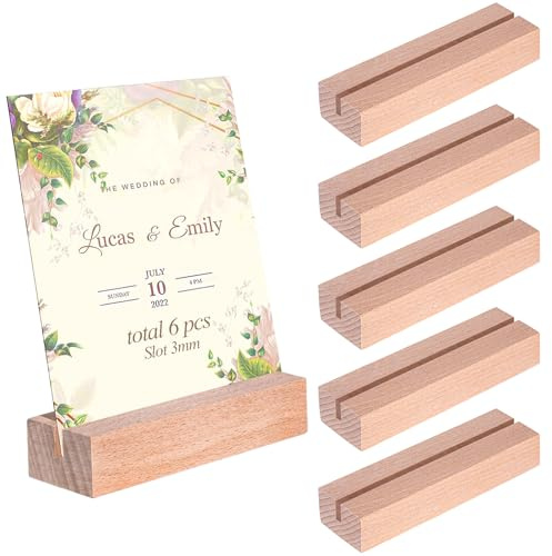 ZFKXGS 6 Stück Kartenhalter Holz Keine Grate Menükartenhalter 10x3x2cm Tischkartenhalter Holz Natürlich Platzkartenhalter Fotoständer für Hochzeit Tischnummer Party Dekoration Tischkarte (Schlitz 3mm)