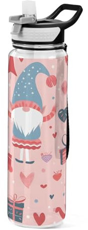 Mnsruu Gnomes Geschenke und Herzen Wasserflasche mit Strohhalm, 1 Liter, Sportflasche, Tritan, BPA-frei, transparente Trinkflasche für Erwachsene, Outdoor, Schule, Fitnessstudio, Reisen