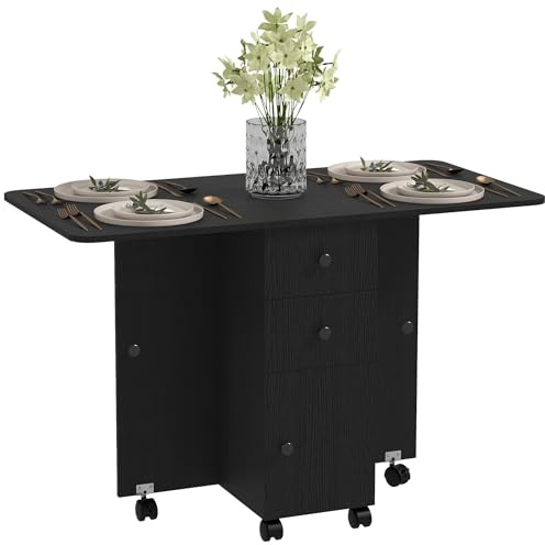 HOMCOM 60-120 cm Folding Dining Table for 4-6 on Wheels, Distressed Black