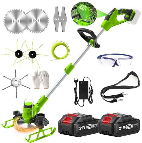 Cordless Grass Strimmer, Edger with2 x 4.0Ah Battery, With Auxiliary Wheels 4 Types Blades, 90° Head pivots, For Garden brush cutter Grass Trimmers