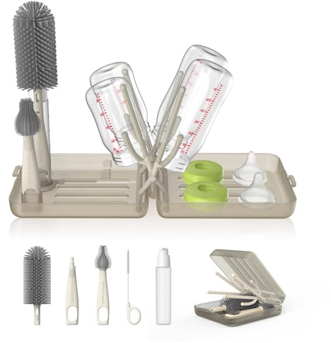 YOTIME Reise Flaschenbürsten Set mit Faltbarer Flaschenhalter, Selbstöffnender Halterung & Vertikalen Bürstenhaltern, 3 Bürsten + Spender, Reise Babyzubehör für Unterwegs, Hellbraun