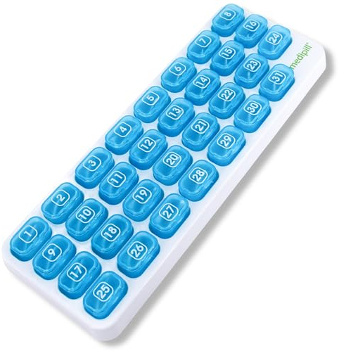 Medipill | Monats-Tablettenbox | Univsel | Organisation für 31 Tage / 31 Fächer | BPA-freie Medikamentenbox | Wochen-Behandlungsplanung | MED-M31