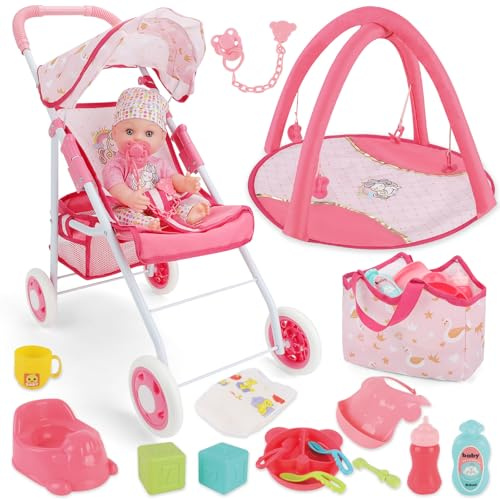 deAO Puppenwagen Set für Mädchen, Babypuppen-Set mit Puppenwagen, 30cm Babypuppe, Spielbogen, Tasche, Plastik Geschirr, Puppenzubehör für Rollenspiel, Geschenk für Mädchen ab 3 Jahren