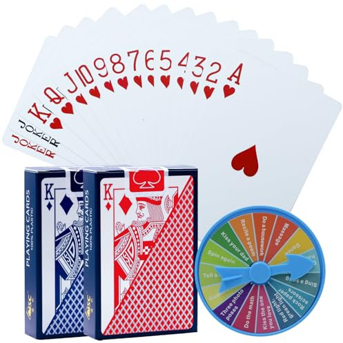 JASFLY 2 Mazzi Carte da Gioco in Plastica, Carte Poker Rosso e Blu Porta 1 Ruota Punitiva Texas Holdem Poker, Euchre, Canasta, Blackjack Standard