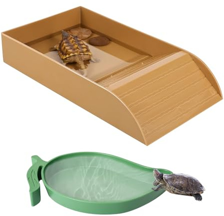 CaiYuanGJ Baignoire pour Reptiles, 2 Pièces Gamelle à Eau pour Tortue, Baignoire pour Reptiles avec Rampe, Bassin De Bain pour Tortue avec Bol, pour Animaux De Compagnie Rampants, Lézards (Brun)