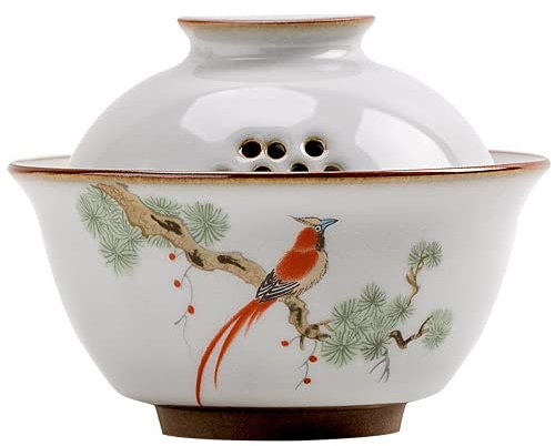 Elegante juego de té de cerámica china con patrón de pájaro Gaiwan y cuenco, accesorios de té premium para decoración del hogar para entusiastas del té y coleccionistas