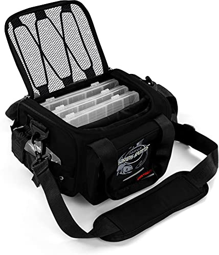 normani Angeltasche wasserdichte Forellenseetasche mit 4 Tackle Boxen Köderboxen Spinnfischentasche Angelbox Angelzubehör Angelrucksack für Angler Dunkelschwarz OneSize
