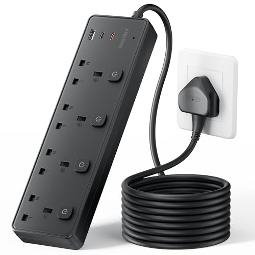 Extension Lead with 3 USB Slots(30W),4 Way Sockets Outlets Ports Extension Cable with 4 Individual Switches Surge Protected，Wall Mountable Extension Socket for Home,Office,School,5M,Black