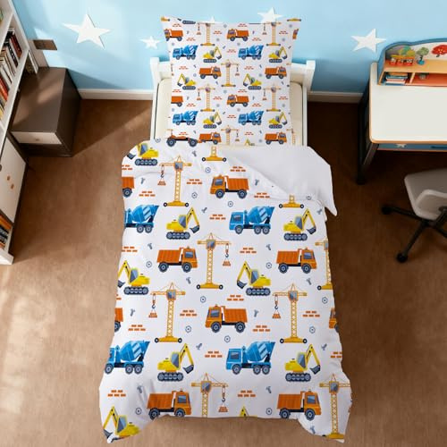 ZTYROLJ Autos Bagger Bettwäsche 135×200 Kinder Junge, Lastwagen Kinderbettwäsche mit Reißverschluss, 2-teiliges Weich Mikrofaser Bettbezug mit 80x80 Kissenbezug