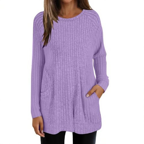 Longline-Pullover für Damen UK Plus Size Lange Ärmel Damen-Strickpullover Leichter Lockerer Rundhalsausschnitt Tops Winterwarme Pullover-Sweaters Einfarbige Lässige Tunika-Tops mit Taschen, violett