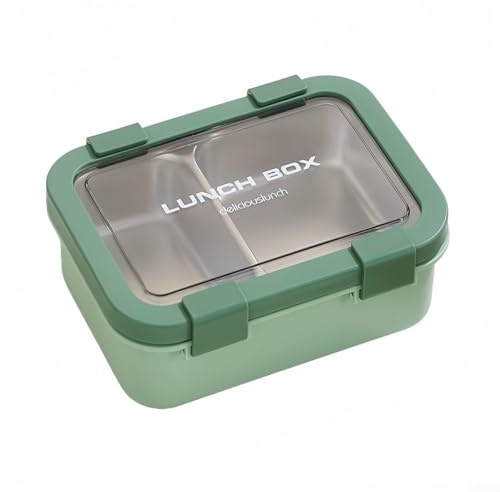 Lonchera de acero inoxidable, 2 compartimentos, reutilizable, para adultos y niños (verde)