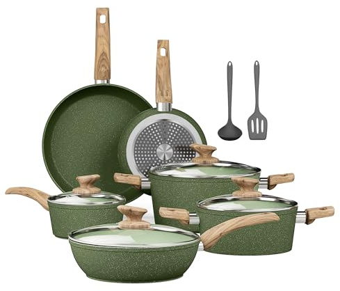 Kitchen Academy Granite Non-Stick Cookware Set 12-Piece, Induction Compatible Green Pan Set with Frying Pan & Saucepan, PFOA Free