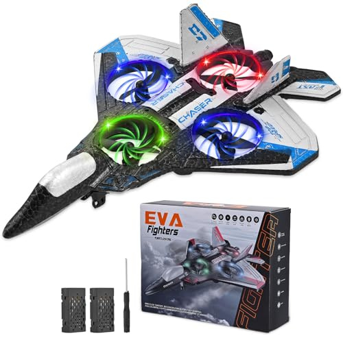 TLPEMN Avión de combate 4D RC con iluminación LED, 3 modos de velocidad, giro de 360° y ruedas de acrobacias, 2 baterías recargables, fácil de volar para niños y principiantes