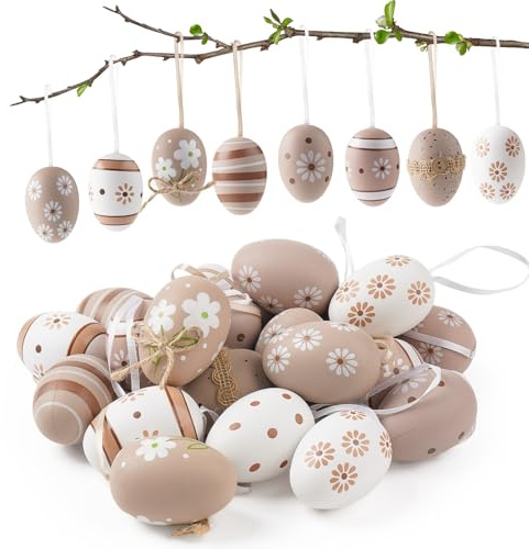 AINIUNIU 24 PCS Decorazioni Pasquali, Uova di Pasqua Decorative, 4×6cm Uova di Plastica Dipinte, Decorazioni Pasquali Sospese, può Essere Utilizzato per Decorazioni Pasquali Appese ai Rami, Marrone