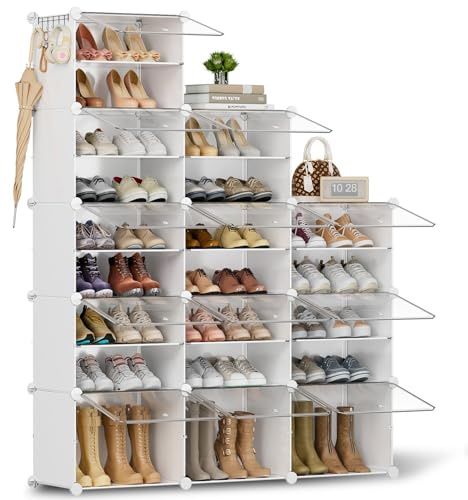 Scarpiera salvaspazio a 21 scomparti con porta, scarpiera modulare in plastica chiusa bianca, mobile per scarpe ingresso fai da te per corridoio camera da letto
