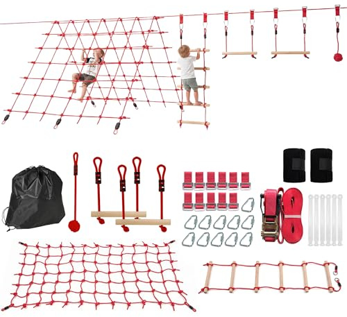 AIYAPLAY Ninja Line Kinder 10m Slackline Set mit Schaukel für 3-6 Jahre Rot