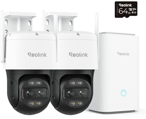 Reolink 4K 8MP Wi-Fi 6 PTZ Überwachungskamera Set Aussen mit Home Hub, Dual-Objektiv, Auto-Tracking-Zoom, WLAN Kamera Outdoor mit KI-Erkennung, TrackMix WiFi 2-Kamera-Set mit 64GB microSD-Karte