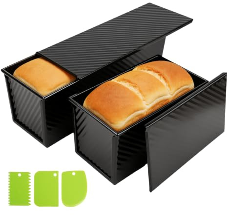 VINATO Set 2 Piezas Molde con Tapa para Pan, Molde de Tostadas de Acero al Carbono,32x12x12cm & 21x12x12cm, Molde Pan de Molde, Molde Rectangular, Acero al Carbono, Antiadherente, Negro