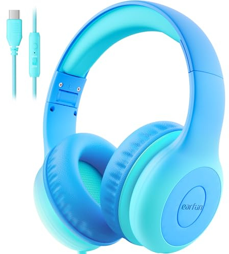 EarFun Barnhörlurar med USB C-kabel, volymbegränsning, turkos | 85/94 dB för barnvänligt lyssnande, bekvämt, klart ljud, ljuddelning, vikbar och justerbar, mikrofon, för skola och inlärning