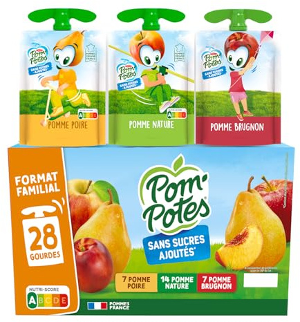 POM'POTES® Compote Sans Sucres Ajoutés Pomme Poire Brugnon 28x90g | Gourde, Pommes Françaises, Source De Fibres, Nutri-Score A, 3 Ans Et Plus