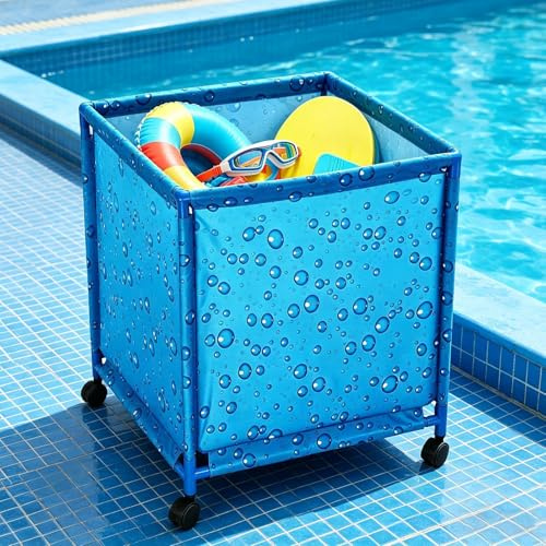 Generisch Pool Spielzeug Aufbewahrung mit Rollen - 62x62x72cm XXL Mesh Korb faltbar für Poolnudeln & Schwimmtiere, Belüfteter Pool-Organizer für Garten & Terrasse, Wetterfest, Blau