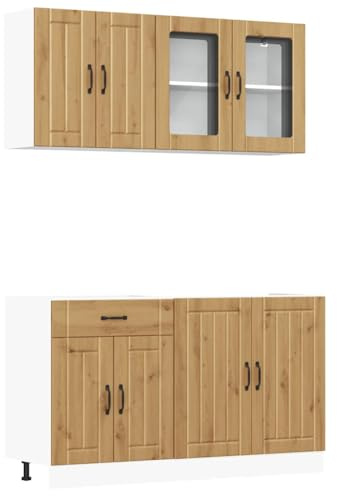 WRJENFSC Juego de 4 muebles de cocina Kalmar con aspecto de roble Artisan, muebles de cocina de madera con elementos de cristal, mucho espacio de almacenamiento, incluye armario bajo fregadero