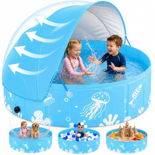 ROMIVO Paddling Pool with Canopy, 47 in Foldable Baby Pool, UPF 50+ | Non-inflatable portable pool for babies, kids and toddlers; folds easily for garden, backyard, beach and travel use