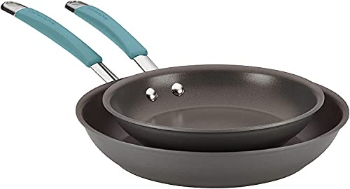 Rachael Ray 87643 Cucina Hard Anodized Nonstick Frying Pan Set / Fry Pan Set / Hard Anodized Skillet Set - 9.25 Inch and 11.5 Inch, Gray with Blue Handles