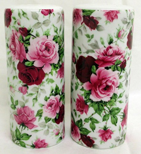 fromeuropewithlove English Rose Salt and Pepper Ceramic Porcelain Round Roses Cruet Set Hand Decorated in UK