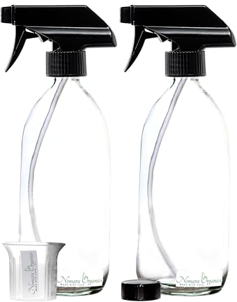 Nomara Organics Clear Glass Spray Bottles with Durable Pump– Set of 2 x 500mL, BPA-free, Refillable for Laundry, Ironing, Cleaning, Gardening and Watering Plants.