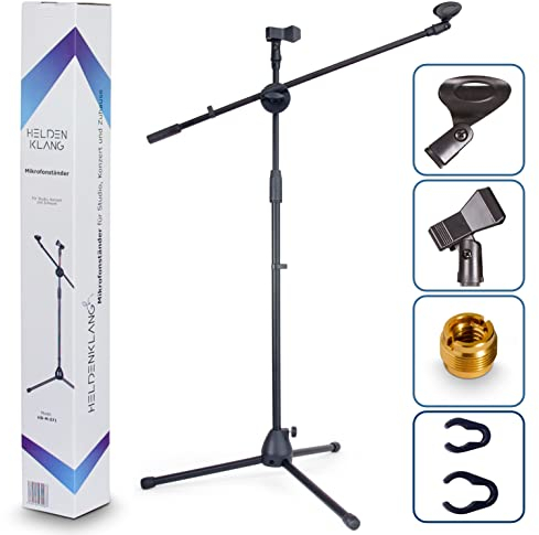 Heldenklang® Mikrofonständer für 2 Mikrofone – Mit Schwenkarm, 2 Mikrofonklemmen und Adapter – Extra großer Tripod Standfuß für einen stabilen Stand